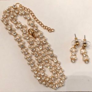 Gold, Pearl, Rhinestone Necklace / Earring Set